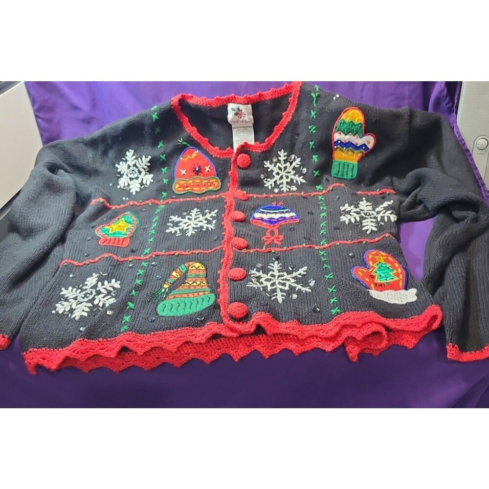 Vtg NUTCRACKER Ugly Christmas Cardigan Sz M Red Snowflakes/Mittens Holiday EUC!